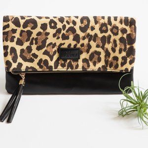 Funky Monkey Fold Over Clutch - Leopard and Black w/ Burgundy Lining